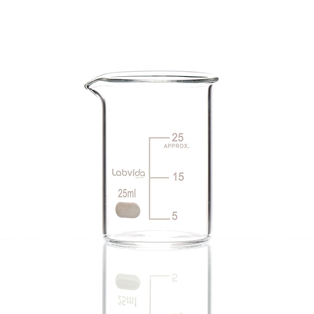 Labvida 12pcs of Glass Beakers Shot Glass, Vol.25ml, 3.3 Borosilicate Griffin Low Form with Printed Graduation, LVA001