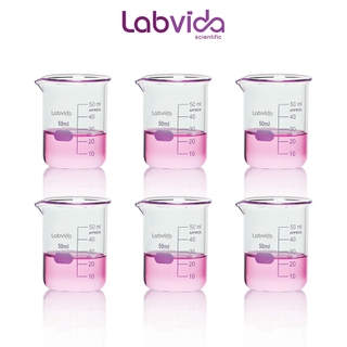 Labvida 6pcs of Glass Beakers Shot Glass, Vol.50ml, 3.3 Borosilicate Griffin Low Form with Printed Graduation, LVA002