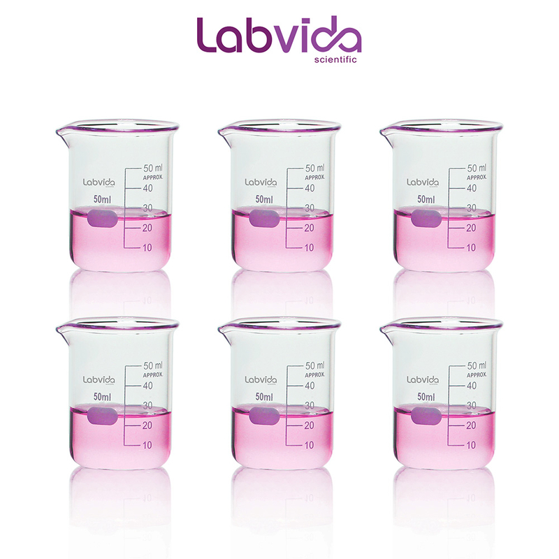 Labvida 6pcs of Glass Beakers Shot Glass, Vol.50ml, 3.3 Borosilicate Griffin Low Form with Printed Graduation, LVA002