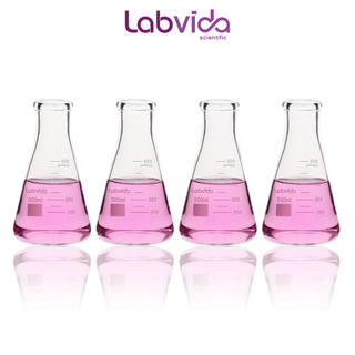 Labvida 4pcs of Narrow Mouth Glass Erlenmeyer Flasks, Vol.500ml, 3.3 Borocilicate with Printed Graduation, LVC004