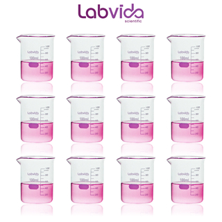 Labvida 12pcs of Griffin Low Form Glass Beakers, Vol.100ml, 3.3 Borosilicate with Printed Graduation, LVA005