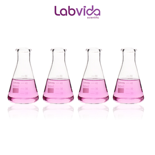 Labvida 4pcs of Narrow Mouth Glass Erlenmeyer Flasks, Vol.50ml, 3.3 Borocilicate with Printed Graduation, LVC001