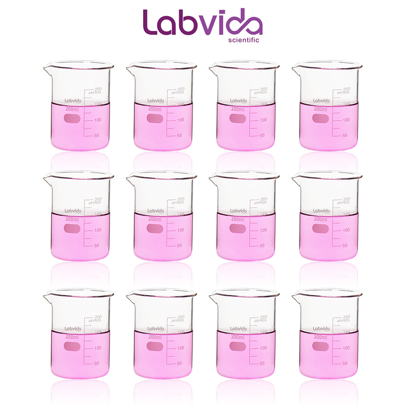 Labvida 12pcs of Griffin Low Form Glass Beakers, Vol.200ml, 3.3 Borosilicate with Printed Graduation, LVA008