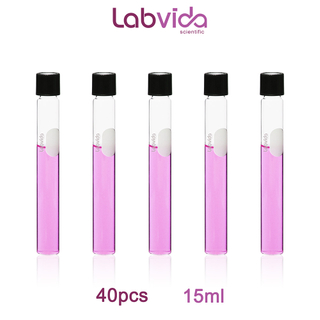 Labvida 40pcs of Glass Serological Test Tubes with Black Bakelite Screw Caps Silicon Liners, Vol.15ml 16x150mm with Marking Area, Borosilicate Glass Material, Flat Bottom, LVH004