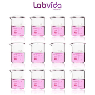 Labvida 12pcs of Glass Beakers Shot Glass, Vol.25ml, 3.3 Borosilicate Griffin Low Form with Printed Graduation, LVA001