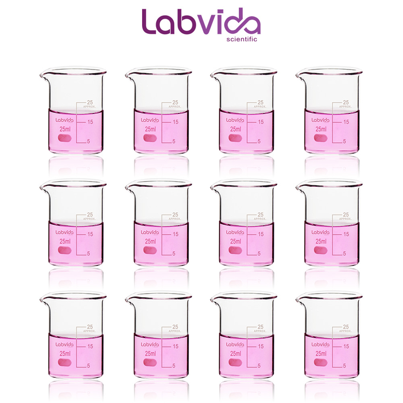 Labvida 12pcs of Glass Beakers Shot Glass, Vol.25ml, 3.3 Borosilicate Griffin Low Form with Printed Graduation, LVA001