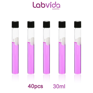 Labvida 40pcs of Glass Serological Test Tubes with Black Bakelite Screw Caps Silicon Liners, Vol.30ml 20x150mm with Marking Area, Borosilicate Glass Material, Flat Bottom, LVH005